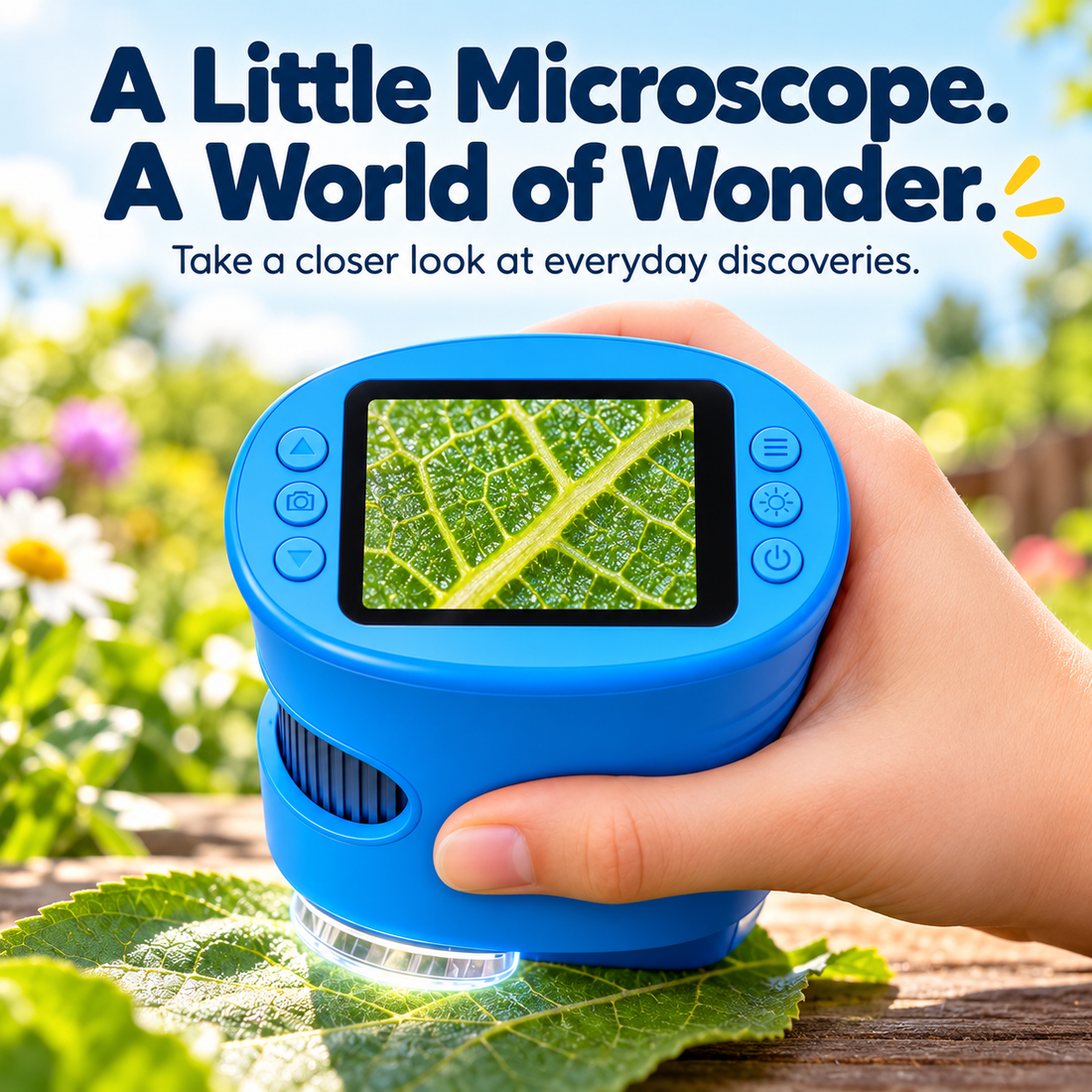 Blue Monneso handheld digital microscope showing leaf details on its built-in display